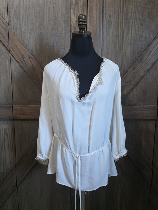 Alice + Olivia Tops - Alice + Olivia Ivory Lace-Trim Peasant Blouse
